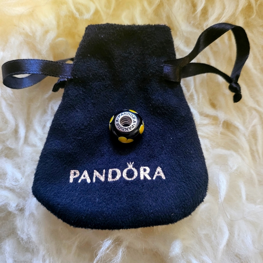 Pandora Retired Black w/ Yellow🌼Flower Murano Glass Charm Bead